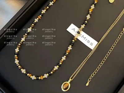 复古天然虎眼石锁骨链女轻奢小众叠戴串珠项