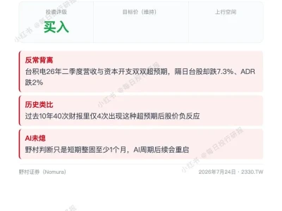 每日投行研报——7.24 野村:以史为鉴,台积电短期调整1个月,之后AI交易会重启