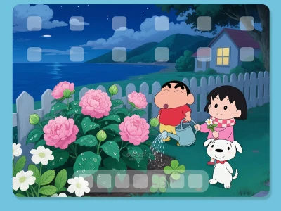 176 蜡笔小新·夜景海边花园 平板壁纸