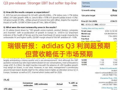 UBS研报：:AdidasQ3利润超预期，但营收略低