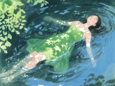收集173:插画🌼河边的绿裙少女