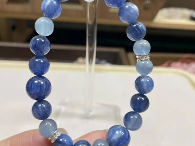 天然蓝晶石水晶手串女冰透海蓝宝猫眼手链