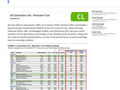 高盛最新研报：美国核心推荐名单10月更新