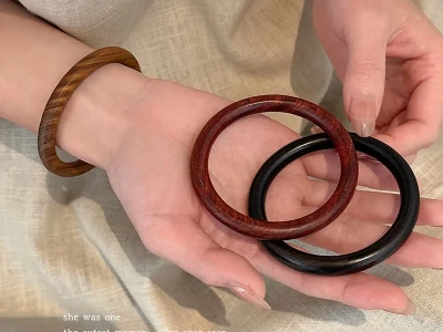 新中式复古天然檀木素圈细手镯子简约手链女